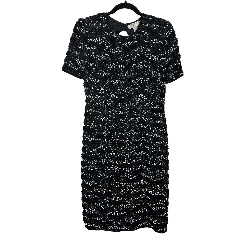 Adrianna Papell Evening Dress Womens 4 Black Sequin Beaded Keyhole Back Cocktail - Picture 2 of 12